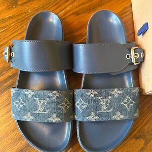 Louis Vuitton Navy and Denim Slide Sandals. Authentic. Original Dust Bags, Box.